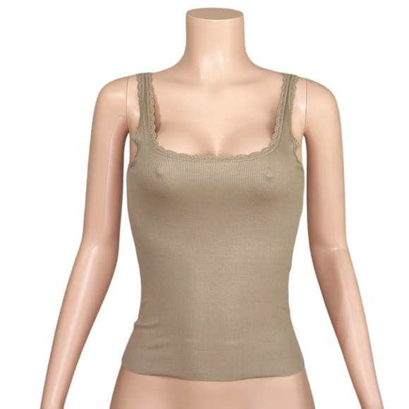 JOAH BROWN Scoop Neck Tank W/ Lace Trim, Taupe Rib, SM - Picture 6 of 11